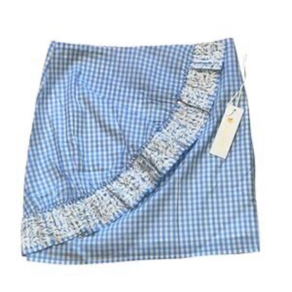 NWT J.Marie Lizzie Skirt Small Blue Gingham Check Cotton Faux Wrap Lace Lined M